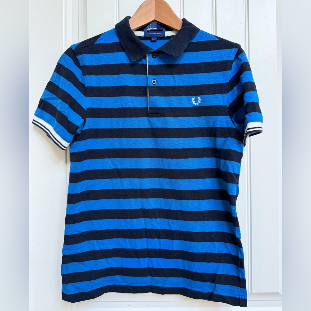 Fred Perry Navy and Blue Thick Striped Cotton Mesh Polo Shirt. Size S